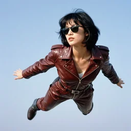 ektachrome, telephoto, highly detailed : incredibly realistic, youthful asian demure floating in the sky, ray - bans, exquisite features, feminine cut, photo 1 9 9 0 s frontiers in flight leather suit cosplay fashion, boris vallejo, terry richardson