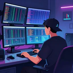 a man sitting on his computer with a backwards hat staring at several computer monitors showing crypto trades, colourful, chill, anime asthetic, neon glow, gamer, playstation 2, digital illustration, in style of lofi hip hop, chill beats