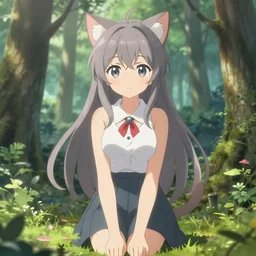 An anime catgirl on a florest, trending on pixiv, trending on artstation, high detailed
