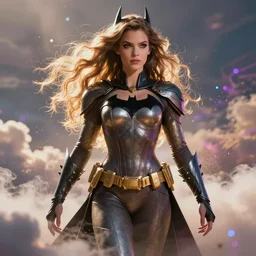 a beautiful female goddess of the batmans character, character is in all its glory, character is in her natural relaxed pose, rim lights, particles and dust in the air, fancy clouds, highly detailed professional photo, dynamic lights, particles are flying, depth of field, trending on artstation, professional illustration, hyper realistic, vray caustics, super detailed, colorful accents, cinematic shot