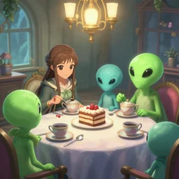 A Dark Souls Screenshot of a pleasant tea party where friendly aliens share cake