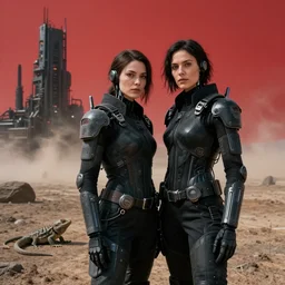 cinestill 5 0 d 3 5 mm photographic portrait of two loving female androids wearing rugged black techwear on a desolate plain with a red sky, lizard on ground, cyberpunk style, a brutalist dark metal facility close in background, dust storm, 8 k, high resolution, f / 3. 2, ultra realistic faces