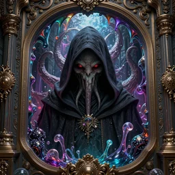 an extremely detailed render close - up of a hooded necromancer in front of a cthulhu within a viscosity fluid lovecraft portal, intricate architecture, baroque detailed, unreal engine, octane render, micro detail, design by android jones and greg rutkowski, gaston bussiere, craig mullins, synthwave color scheme, volumetric lighting, trending on artstation, vivid colors, subsurface scattering, ray tracing