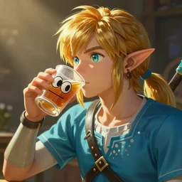 portrait of link from zelda drinking from cuphead from video game