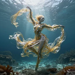 an alien woman dancing in an underwater landscape has a body made of thousands of thin ribbons of translucent gold and silver fabric that are twisting, swirling, and pulling apart in the swift current, caustics lighting from above, highly detailed, fantasy, octane render