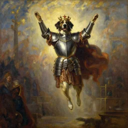 beautiful oil painting portrait of ancient armored dog 🐕 hovering in the air wearing the civic crown levitating and ascending in stations of the cross pose, art by anders zorn, wonderful masterpiece by greg rutkowski, expressive brush strokes, beautiful cinematic light, american romanticism by greg manchess, jessica rossier