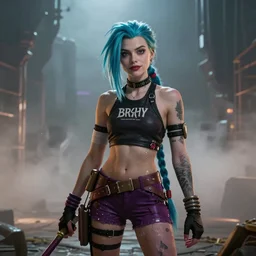 Margot Robbie as real-life Jinx from Arcane, league of legends, cinematic, Wide-shot, atmospheric fog and lighting, directed by Michael Bay, extreme detail, 8K, movie still
