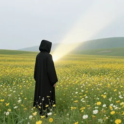 light beam being appears suddenly in front of a hooded figure in a black robe standing in a flower meadow, flower meadow landsape in dark pits of a canyon, illustration by Gustave Dore, 18th century drawing , black and white, highly detailed, 4k, concept art, artstation