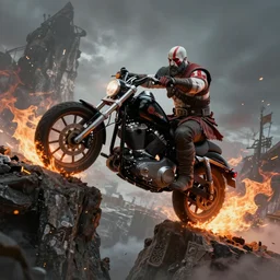 kratos jumping a black harley - davidson motorcycle off a cliff, cinematic render, playstation studios official media, god of war 2 0 1 8, flames, centered, red tattoos
