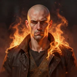 an artstation trending portrait painting of a bald english man on fire, octane render