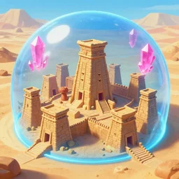 rubberhose animation, wizard city, sandstone aztec temple style buildings, blue forcefield bubble around city, levitation pink crystals, desert surrounding