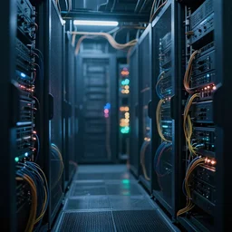 a photo of the interior landscape of dystopian server racks with cables everywhere, 8 k, glowing, atmospheric, cinematic, bokeh, highly detailed, futuristic, wet.