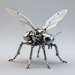 3 d render of a robotic insect with mechanical wings attached to its back, ultra detailed, hyper realistic, metallic finish, perfect edges, fully formed, close up, action pose, ultra zoomed in, saturated colors, intricate, japanese, futuristic, white background, shadow, style transformers, style insects,
