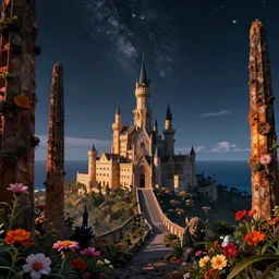 castle built into a volcano island with ocean in the distance, underneath a star filled night sky, harold newton, zdzislaw beksinski, donato giancola, warm coloured, gigantic pillars and flowers, maschinen krieger, beeple, star trek, star wars, ilm, atmospheric perspective