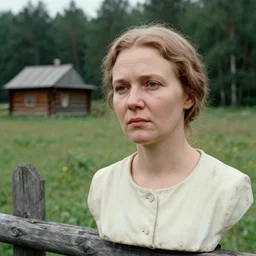 close up portrait bust of woman sitting on fence, tired expression, faded color film, russian cinema, tarkovsky, technicolor, heavy forest, wood cabin in distance, shallow depth of field, long brown hair, old clothing, heavy fog, atmospheric haze, brown color palette, sunset, low light, hudson river school, 4 k, dramatic lighting