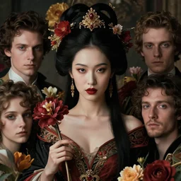 portrait of the asian queen of the underworld, surrounded by flowers by karol bak, james jean, tom bagshaw, rococo, sharp focus, trending on artstation, cinematic lighting, hyper realism, octane render, 8 k, hyper detailed.