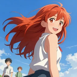 digital art cheerful redhead tomboy tan skin, blue sky, sharp contrast, high details, perfect proportions, dynamic art by ilya kuvshinov, murata, makoto shinkai, wlop, craig mullins, kawaci paneling art expert, best selling pixiv, volumetric lighting, realistic shaded lighting, 8 k, highly detailed render