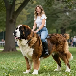 a photograph of a woman riding a giant saint Bernard in the park,