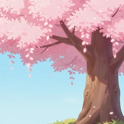 cartoon background of a thick tree with pink glowing leaves hanging down