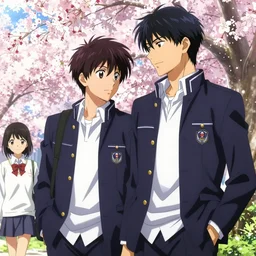 boy's love anime high school spring noon scene, high detail concept art, perfect proportions fine face, tall handsome guys, close together romantic undertones, avant designer uniform, vivid colors, realistic shaded lighting poster fantasy art james jean, kyoani, clamp, kazue kato, jeremy lipking, michael germash, makoto shinkai, artgerm cinematic