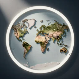 flat world map with a white ring surrounding. islands on the other side