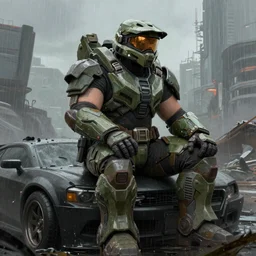 character portrait of a beefy bulky female in mjolnir armor from halo infinite sitting down on a car in a desolate cyberpunk wasteland, 8 k, ultra realistic, realistic shading, concept art, digital painting, matte, moody lighting, good value control, sharp focus, minimal artifacts, rain, wet