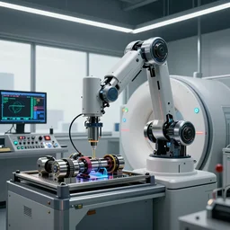( cyberpunk 2 0 7 7, bladerunner 2 0 4 9 ), by daniel simon, tron, a complex thick bifurcated robotic cnc surgical arm cybernetic symbiosis hybrid mri 3 d printer machine making motors in a bio chemical lab, control panels, 4 k, large monitor screens, knobs, natural light in room, octane render,, f 2 8,