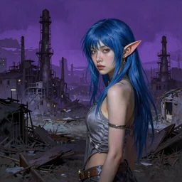 stunning, breathtaking, awe-inspiring award-winning artwork of an attractive young asian elf woman with pointy ears and blue hair in an endlessly sprawling desolate abandoned post-apocalyptic industrial city at night, extremely moody purple lighting, by Frank Frazetta, by Artgerm