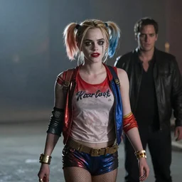 Emma Watson as Harley Quinn, cinematic, Wide-shot, atmospheric lighting, directed by Quentin Tarantino, movie still