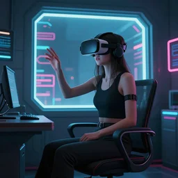 matte painting of a woman in vr headset sitting in cyberpunk room behind the window, neon glow, by masamune shirow