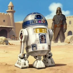 a Star Wars droid standing in a Tatooine town by Ralph McQuarrie