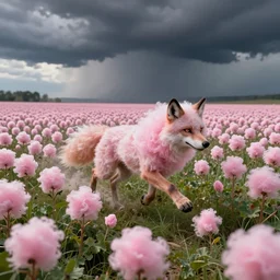 werewolf made of cotton candy fleeing across a field of pink cotton and vegatation with storm clouds , digital art, fantasy, trending on artstation, professional illustration, cgsociety, ultra detailed, volumetric lighting, celshaded, colorful, expansive cotton field