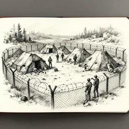 milt kahl sketch of zombie apocalypse resistance camp with barbed wire fencing