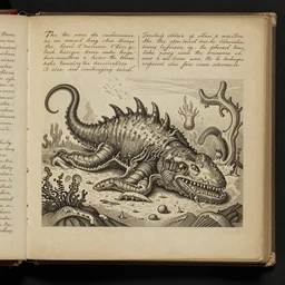 the inside of an ancient book depicting highly detailed drawings of undersea monsters, with handwritten descriptions