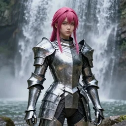 a masterpiece hyperrealistic ultradetailed fullbody photograph of a lifelike real human anime girl in full steel plate armor, surrounded by waterfalls, gorgeous, vibrant hairs, rough skin pores texture, photoreal image, made by wlop, photoreal, overrendered, blender, unreal engine, extremely detailed, trending on artstation, sharp focus, 4 k