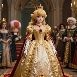 young princess peach crowned empress of the mushroom kingdom, renaissance style, coronation, cinematic lighting, 1 6 th century,