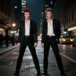 David bowie and Michael c hall standing in the streets, nightlife, cityscape, high contrast, detailed