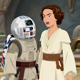 r 2 d 2 seducing princess leia with a hilarious joke, high quality fan art
