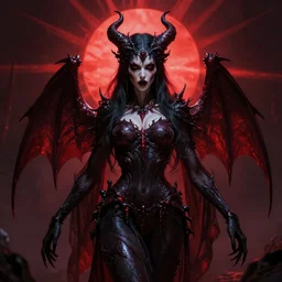 the horrifying succubus monster, terrifying and beautiful, dark fantasy, red sun rays, high quality render, intricate detail