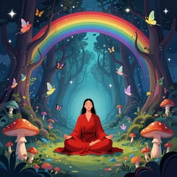 woman sitting on the ground meditating in lotus pose in red robe, enchanted cosmic forest, mushrooms on the ground, small fairies, stars in the sky, butterflies, rainbows, psychedelic, wide angle shot, vector art, optical illusion, heavenly underwater, 4 k, fantasy poster by helen huang and frank frazetta and salvador dali