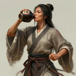 full portrait of a female monk drinking a jar of baijiu by wlop, wuxia, xianxia, drunken boxing, drunken fist, drunken master, weathered olive skin, athletic, playful, fully clothed, monk's robe, baijiu, clay jar, detailed, realistic, anatomically accurate, fantasy illustration, artstation, wlop.