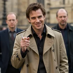 photorealistic portrait of beautiful jean dujardin as the artist, charismatic smiling thief, with a light brown trench coat and a cigarette, in dresden files movie, hd, by artgerm and edgar maxence and rob rey