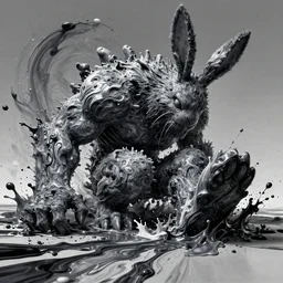 cinematic film concept art of a hulking kaiju rabbit monster character rolling in flowing ink, splatters of monochromatic paint flowing beautifully, digital art masterpiece, surreal art, video game graphics, unreal engine, octane render, monster creature design by masahiro ito and junji ito