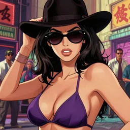 closeup portrait of film noir angry megan fox in a bikini wearing a hat and sunglasses, china town, glamour pose, detailed illustration, digital art, trending on artstation, frank miller, arney freytag, dan mumford, patrick nagel, graffiti, gta v,