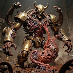 movie still of rugated gastric magnetar demon battle chaos, intricately macerated by age, sentient, dethroned goliath machine, blood turbines, hydrocracking battles, rusted, macerated, eviscerated by fimbria wires, bicornate whipped fungal pit sinking, brass sheen rotting, by alberto bontempi, jack kirby, alex ross,