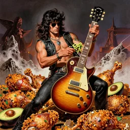 Nikocado Avocado ripping a solo on a Gibson Les Paul in front of a mountain of deep fried turkey legs, heavy metal artwork by Frank Frazetta