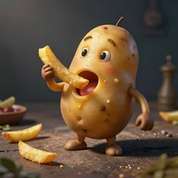 potato with arms legs eyes and mouth eating fries