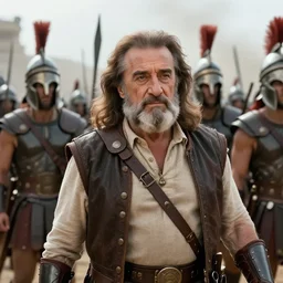 Danny Devito dressed as Leonidas, with Leonidas beard, leading Spartans into battle, in screenshot from the 300 movie