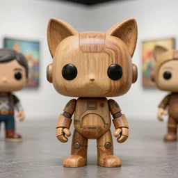 sculpture beautiful realistic character, wooden design art toys collection very cute figurine android robot cat ears cyberpunk, photorealistic, in gallery of art in background, concept art cgsociety style popart, funko