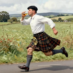 a scottish man drinking whisky while running, very detailed, 8 k resolution in the style of norman rockwell